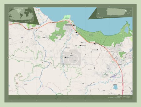 Foto de Luquillo, municipality of Puerto Rico. Open Street Map. Locations and names of major cities of the region. Corner auxiliary location maps - Imagen libre de derechos