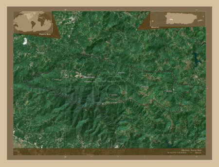 Photo for Maricao, municipality of Puerto Rico. Low resolution satellite map. Locations and names of major cities of the region. Corner auxiliary location maps - Royalty Free Image