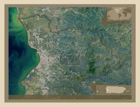 Foto de Mayaguez, municipality of Puerto Rico. High resolution satellite map. Locations of major cities of the region. Corner auxiliary location maps - Imagen libre de derechos