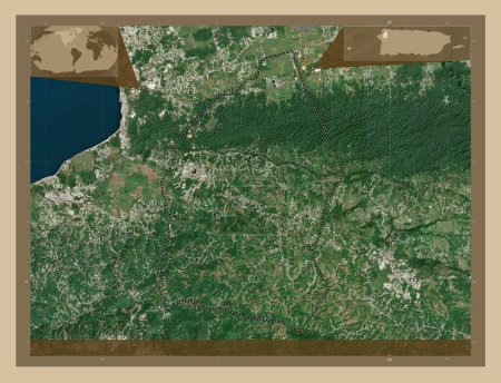 Foto de Moca, municipality of Puerto Rico. Low resolution satellite map. Locations of major cities of the region. Corner auxiliary location maps - Imagen libre de derechos