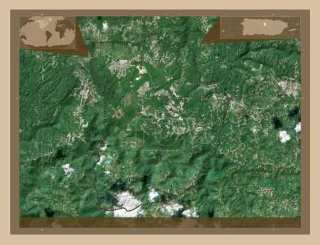 Téléchargez les photos : Morovis, municipality of Puerto Rico. Low resolution satellite map. Locations of major cities of the region. Corner auxiliary location maps - en image libre de droit