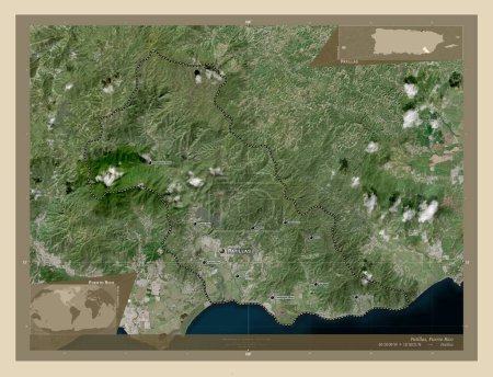 Photo for Patillas, municipality of Puerto Rico. High resolution satellite map. Locations and names of major cities of the region. Corner auxiliary location maps - Royalty Free Image