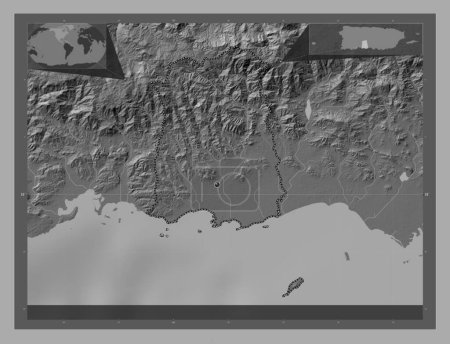 Téléchargez les photos : Ponce, municipality of Puerto Rico. Bilevel elevation map with lakes and rivers. Corner auxiliary location maps - en image libre de droit