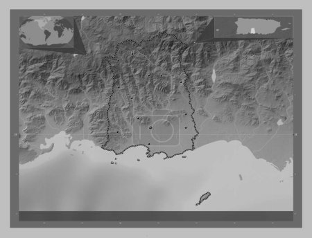 Photo for Ponce, municipality of Puerto Rico. Grayscale elevation map with lakes and rivers. Locations of major cities of the region. Corner auxiliary location maps - Royalty Free Image
