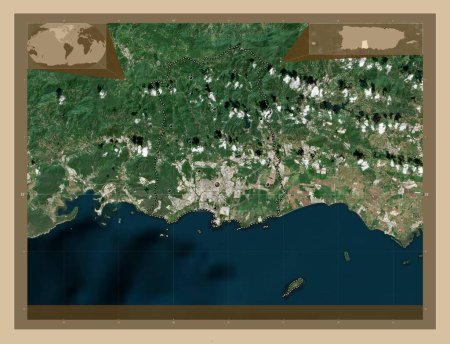 Foto de Ponce, municipality of Puerto Rico. Low resolution satellite map. Locations of major cities of the region. Corner auxiliary location maps - Imagen libre de derechos