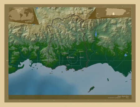 Photo for Ponce, municipality of Puerto Rico. Colored elevation map with lakes and rivers. Locations and names of major cities of the region. Corner auxiliary location maps - Royalty Free Image