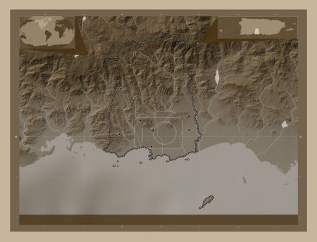 Photo for Ponce, municipality of Puerto Rico. Elevation map colored in sepia tones with lakes and rivers. Locations of major cities of the region. Corner auxiliary location maps - Royalty Free Image