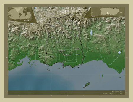 Photo for Ponce, municipality of Puerto Rico. Elevation map colored in wiki style with lakes and rivers. Locations and names of major cities of the region. Corner auxiliary location maps - Royalty Free Image