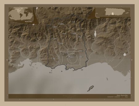 Photo for Ponce, municipality of Puerto Rico. Elevation map colored in sepia tones with lakes and rivers. Locations and names of major cities of the region. Corner auxiliary location maps - Royalty Free Image