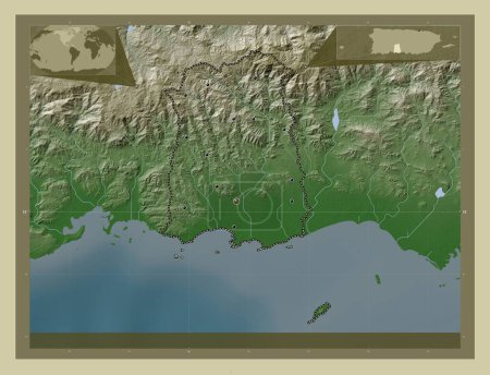 Photo for Ponce, municipality of Puerto Rico. Elevation map colored in wiki style with lakes and rivers. Locations of major cities of the region. Corner auxiliary location maps - Royalty Free Image