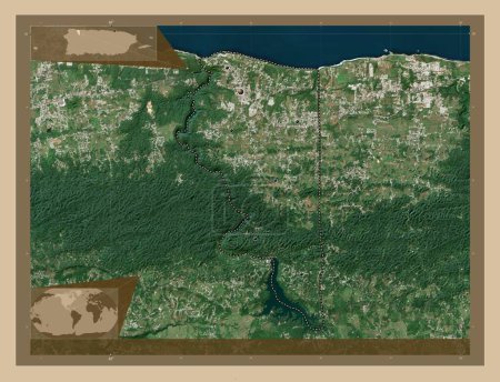 Photo for Quebradillas, municipality of Puerto Rico. Low resolution satellite map. Locations of major cities of the region. Corner auxiliary location maps - Royalty Free Image