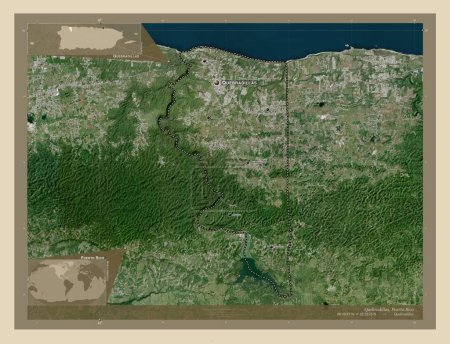 Photo for Quebradillas, municipality of Puerto Rico. High resolution satellite map. Locations and names of major cities of the region. Corner auxiliary location maps - Royalty Free Image