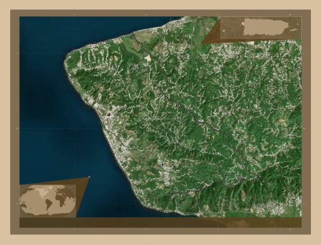 Foto de Rincon, municipality of Puerto Rico. Low resolution satellite map. Locations of major cities of the region. Corner auxiliary location maps - Imagen libre de derechos
