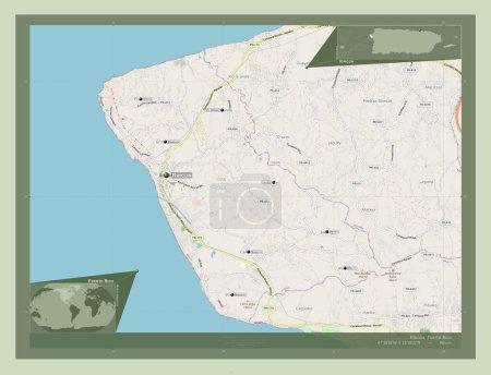 Foto de Rincon, municipality of Puerto Rico. Open Street Map. Locations and names of major cities of the region. Corner auxiliary location maps - Imagen libre de derechos