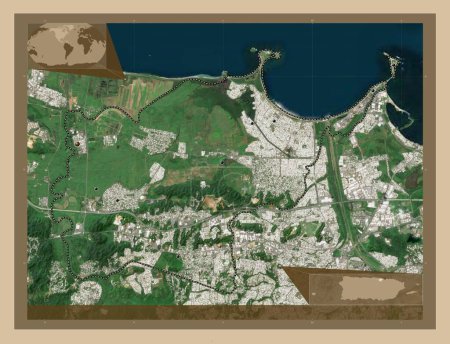 Téléchargez les photos : Toa Baja, municipality of Puerto Rico. Low resolution satellite map. Locations of major cities of the region. Corner auxiliary location maps - en image libre de droit