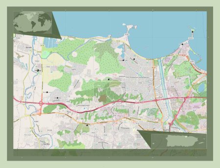 Téléchargez les photos : Toa Baja, municipality of Puerto Rico. Open Street Map. Locations of major cities of the region. Corner auxiliary location maps - en image libre de droit