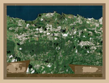 Photo for Vega Baja, municipality of Puerto Rico. Low resolution satellite map. Locations of major cities of the region. Corner auxiliary location maps - Royalty Free Image