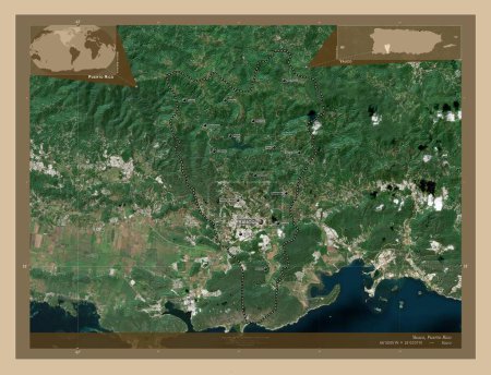 Photo for Yauco, municipality of Puerto Rico. Low resolution satellite map. Locations and names of major cities of the region. Corner auxiliary location maps - Royalty Free Image