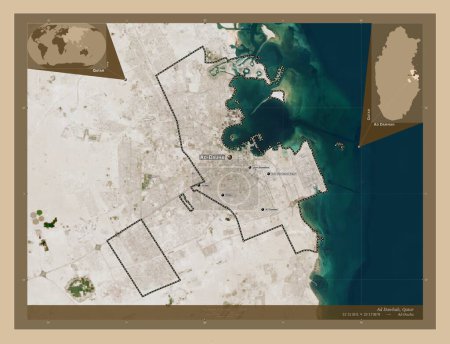 Téléchargez les photos : Ad Dawhah, municipality of Qatar. Low resolution satellite map. Locations and names of major cities of the region. Corner auxiliary location maps - en image libre de droit