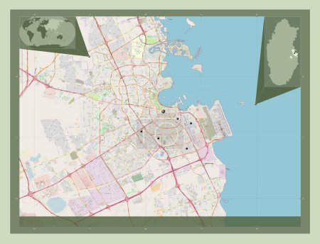 Téléchargez les photos : Ad Dawhah, municipality of Qatar. Open Street Map. Locations of major cities of the region. Corner auxiliary location maps - en image libre de droit