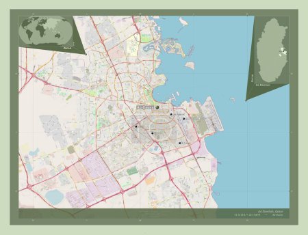 Téléchargez les photos : Ad Dawhah, municipality of Qatar. Open Street Map. Locations and names of major cities of the region. Corner auxiliary location maps - en image libre de droit