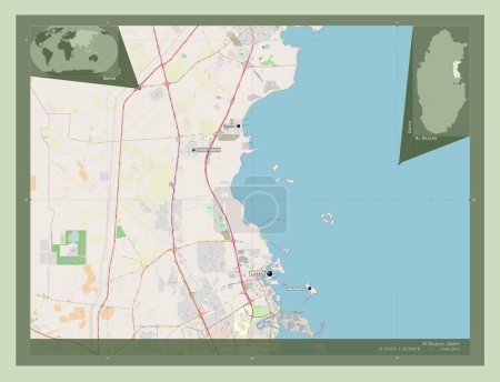 Téléchargez les photos : Al Daayen, municipality of Qatar. Open Street Map. Locations and names of major cities of the region. Corner auxiliary location maps - en image libre de droit
