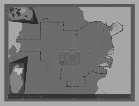 Téléchargez les photos : Al Khor, municipality of Qatar. Bilevel elevation map with lakes and rivers. Locations of major cities of the region. Corner auxiliary location maps - en image libre de droit