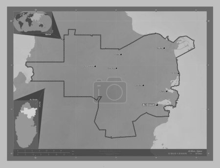 Téléchargez les photos : Al Khor, municipality of Qatar. Grayscale elevation map with lakes and rivers. Locations and names of major cities of the region. Corner auxiliary location maps - en image libre de droit