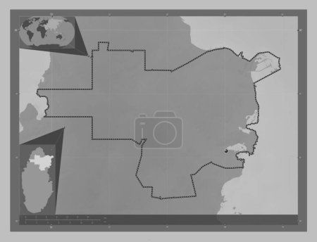 Téléchargez les photos : Al Khor, municipality of Qatar. Grayscale elevation map with lakes and rivers. Corner auxiliary location maps - en image libre de droit