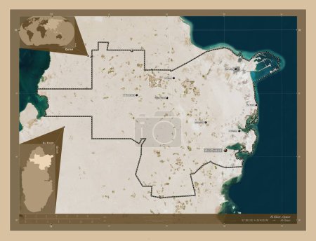 Téléchargez les photos : Al Khor, municipality of Qatar. Low resolution satellite map. Locations and names of major cities of the region. Corner auxiliary location maps - en image libre de droit