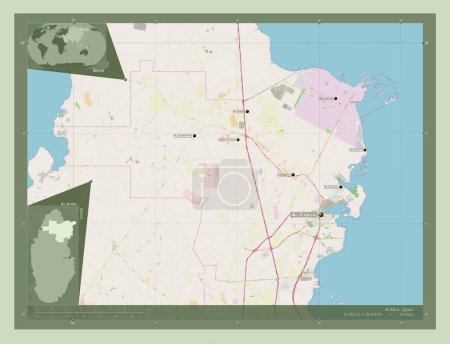Téléchargez les photos : Al Khor, municipality of Qatar. Open Street Map. Locations and names of major cities of the region. Corner auxiliary location maps - en image libre de droit