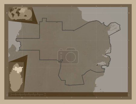 Téléchargez les photos : Al Khor, municipality of Qatar. Elevation map colored in sepia tones with lakes and rivers. Corner auxiliary location maps - en image libre de droit
