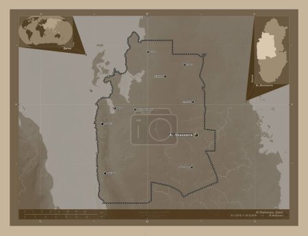Photo for Al Shahaniya, municipality of Qatar. Elevation map colored in sepia tones with lakes and rivers. Locations and names of major cities of the region. Corner auxiliary location maps - Royalty Free Image