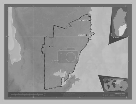 Foto de Al Wakrah, municipality of Qatar. Grayscale elevation map with lakes and rivers. Locations and names of major cities of the region. Corner auxiliary location maps - Imagen libre de derechos