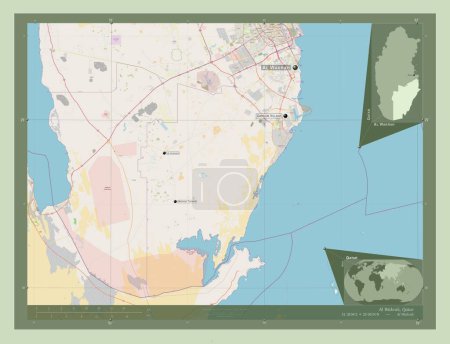 Foto de Al Wakrah, municipality of Qatar. Open Street Map. Locations and names of major cities of the region. Corner auxiliary location maps - Imagen libre de derechos