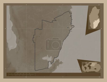 Foto de Al Wakrah, municipality of Qatar. Elevation map colored in sepia tones with lakes and rivers. Locations of major cities of the region. Corner auxiliary location maps - Imagen libre de derechos