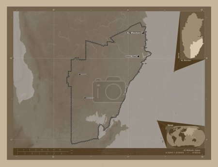 Foto de Al Wakrah, municipality of Qatar. Elevation map colored in sepia tones with lakes and rivers. Locations and names of major cities of the region. Corner auxiliary location maps - Imagen libre de derechos