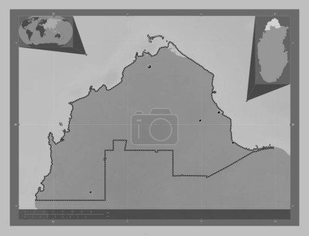 Téléchargez les photos : Madinat ash Shamal, municipality of Qatar. Grayscale elevation map with lakes and rivers. Locations of major cities of the region. Corner auxiliary location maps - en image libre de droit