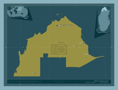 Photo for Madinat ash Shamal, municipality of Qatar. Solid color shape. Locations and names of major cities of the region. Corner auxiliary location maps - Royalty Free Image