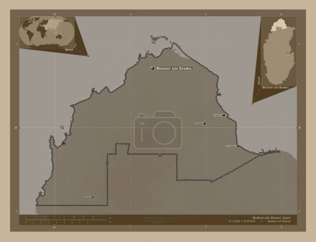 Téléchargez les photos : Madinat ash Shamal, municipality of Qatar. Elevation map colored in sepia tones with lakes and rivers. Locations and names of major cities of the region. Corner auxiliary location maps - en image libre de droit