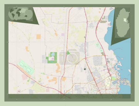 Téléchargez les photos : Umm Salal, municipality of Qatar. Open Street Map. Locations of major cities of the region. Corner auxiliary location maps - en image libre de droit