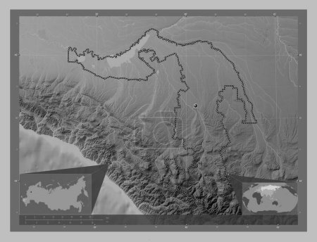 Téléchargez les photos : Adygey, republic of Russia. Grayscale elevation map with lakes and rivers. Corner auxiliary location maps - en image libre de droit
