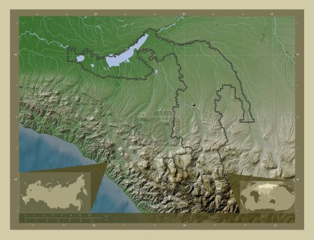 Photo for Adygey, republic of Russia. Elevation map colored in wiki style with lakes and rivers. Corner auxiliary location maps - Royalty Free Image