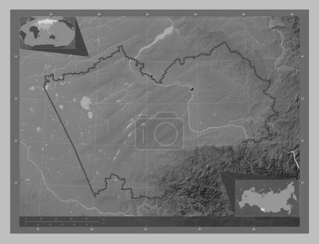 Téléchargez les photos : Altay, territory of Russia. Grayscale elevation map with lakes and rivers. Corner auxiliary location maps - en image libre de droit