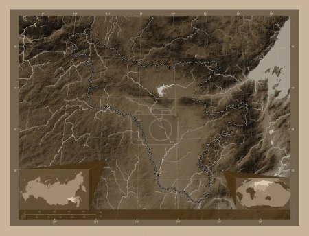 Photo for Amur, region of Russia. Elevation map colored in sepia tones with lakes and rivers. Corner auxiliary location maps - Royalty Free Image