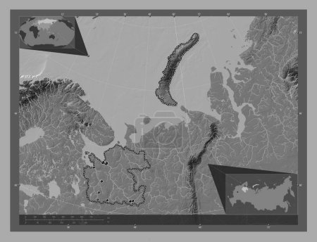 Photo for Arkhangel'sk, region of Russia. Bilevel elevation map with lakes and rivers. Locations of major cities of the region. Corner auxiliary location maps - Royalty Free Image