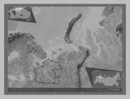 Photo for Arkhangel'sk, region of Russia. Grayscale elevation map with lakes and rivers. Locations and names of major cities of the region. Corner auxiliary location maps - Royalty Free Image