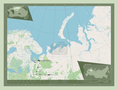 Foto de Arkhangel'sk, region of Russia. Open Street Map. Locations and names of major cities of the region. Corner auxiliary location maps - Imagen libre de derechos