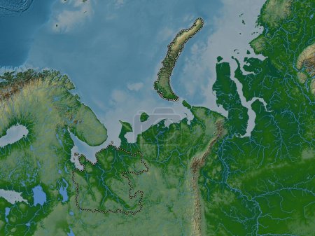 Photo for Arkhangel'sk, region of Russia. Colored elevation map with lakes and rivers - Royalty Free Image