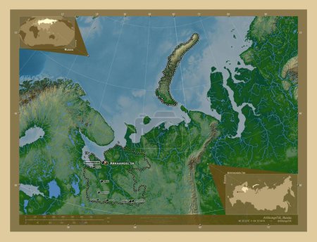 Photo for Arkhangel'sk, region of Russia. Colored elevation map with lakes and rivers. Locations and names of major cities of the region. Corner auxiliary location maps - Royalty Free Image